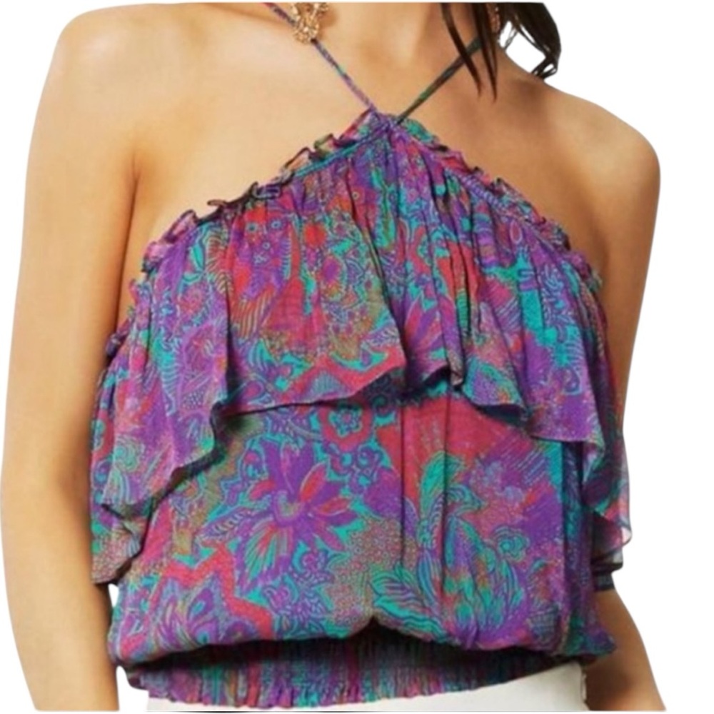 Ramy Brook Purple Teal Paisley Halter Ruffle Blouse